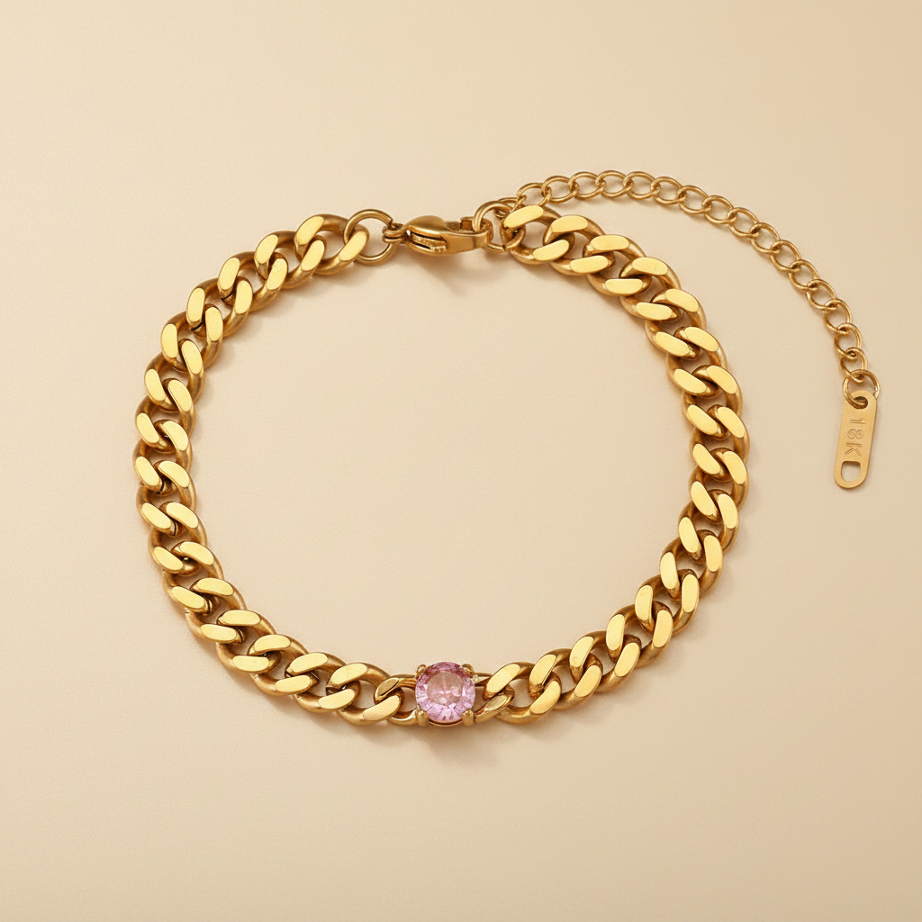 Curb Chain Bracelet — Pink Stone