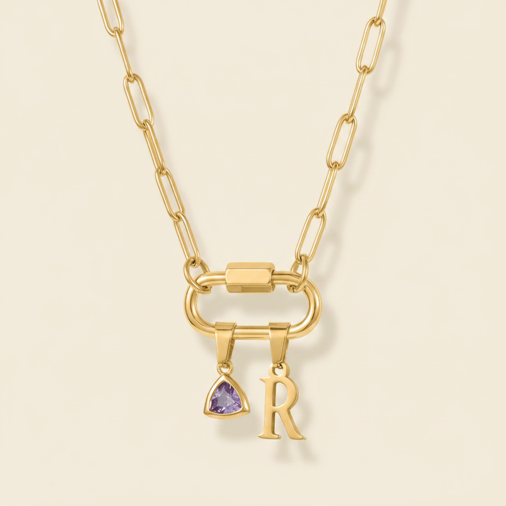 Birthstone Initial Carabiner Necklace — Gold Packshot