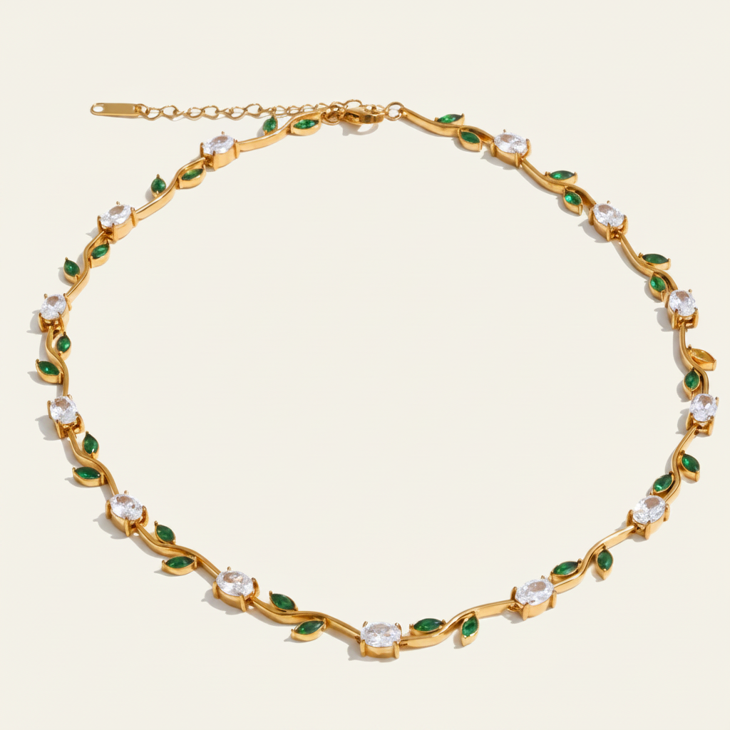Colar tennis branco verde ouro
