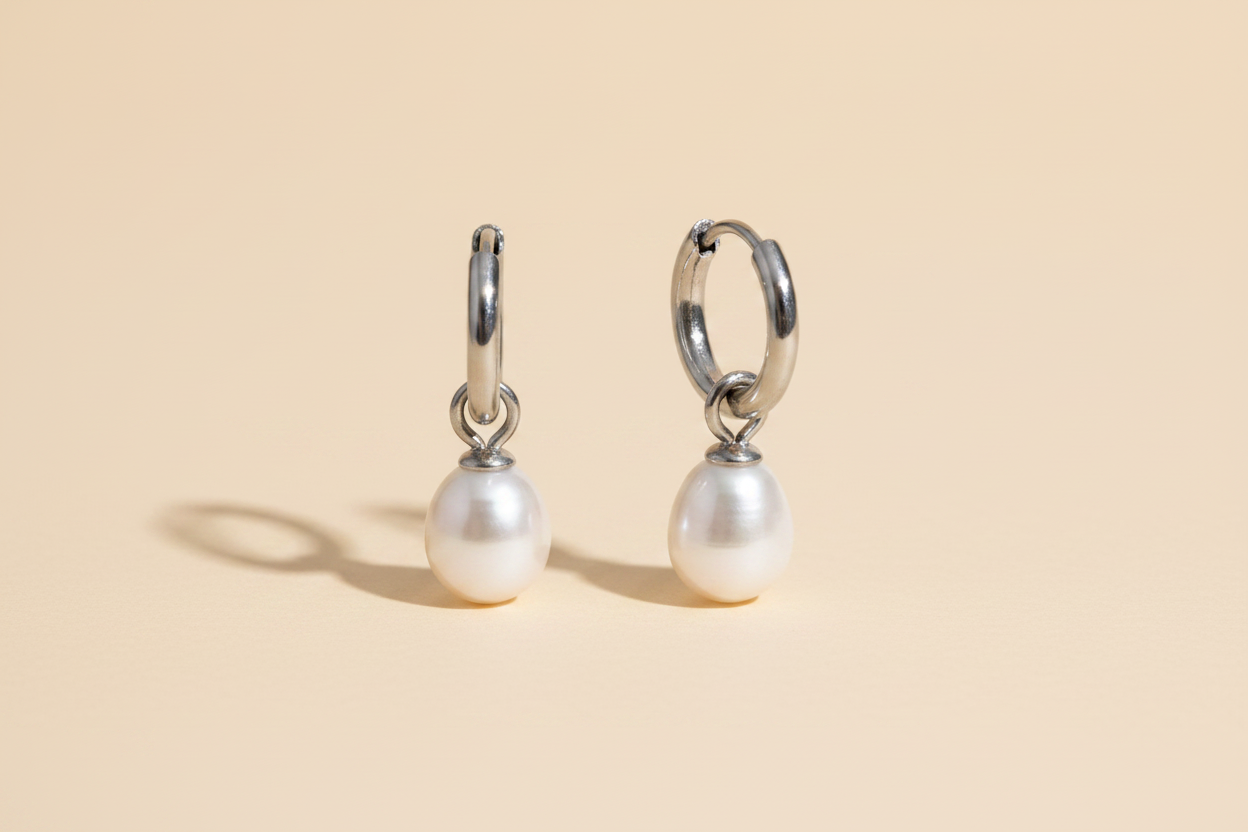 Isla Freshwater Pearl Hoop Earrings — Platinum Packshot