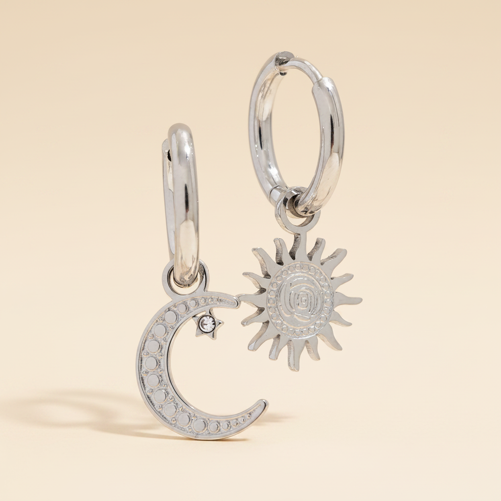 Luna Star & Moon Drop Earrings — Steel Packshot
